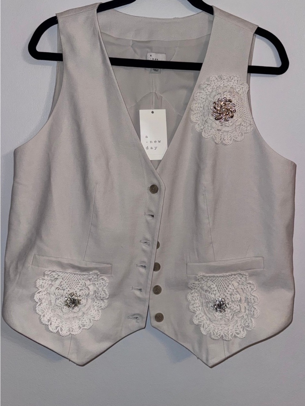 Upcycled a new day Cream Vest Lace vintage dollies with Brooch Accents